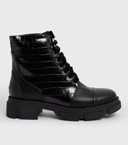 London Rebel Black Faux Croc Lace Up Chunky Boots